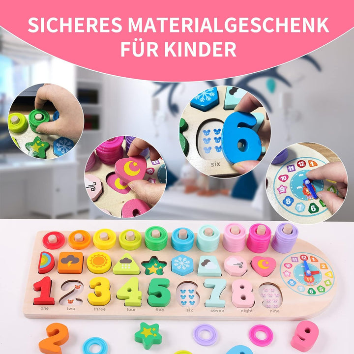 ANPEAC Holzpuzzles mit Lernuhr, Montessori Holz-Puzzle-Spielzeug,Lernspiel Mathematik für Kinder Bab
