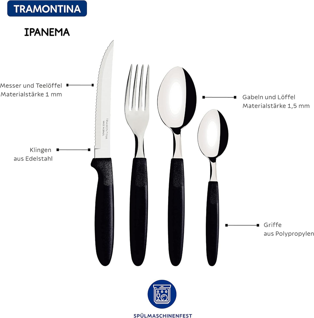 Tramontina Ipanema Besteckset für 6 Personen, Menübesteck 30-teilig, Edelstahl, Griff schwarz, Schwa