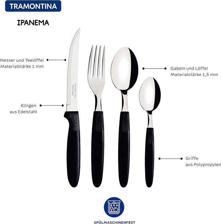 Tramontina Ipanema Besteckset für 6 Personen, Menübesteck 30-teilig, Edelstahl, Griff schwarz, Schwa