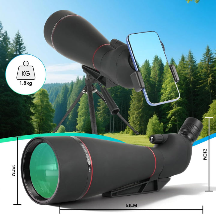 25-75 x 100 mm Spektiv mit Stativ, Porro Prisma FMC Objektiv -Low Light Vision mit Handy Adapter Tra