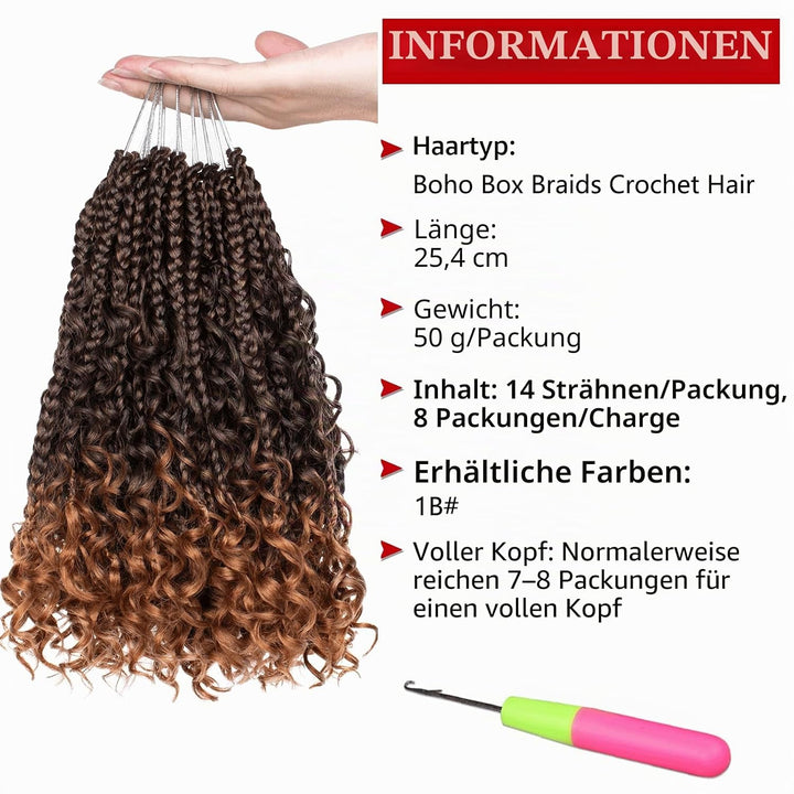 Xtrend 10Inch 8Packs Ombre Boho Box Braids Crochet Hair with Curly Ends 14strands/pack Pre Looped Bo