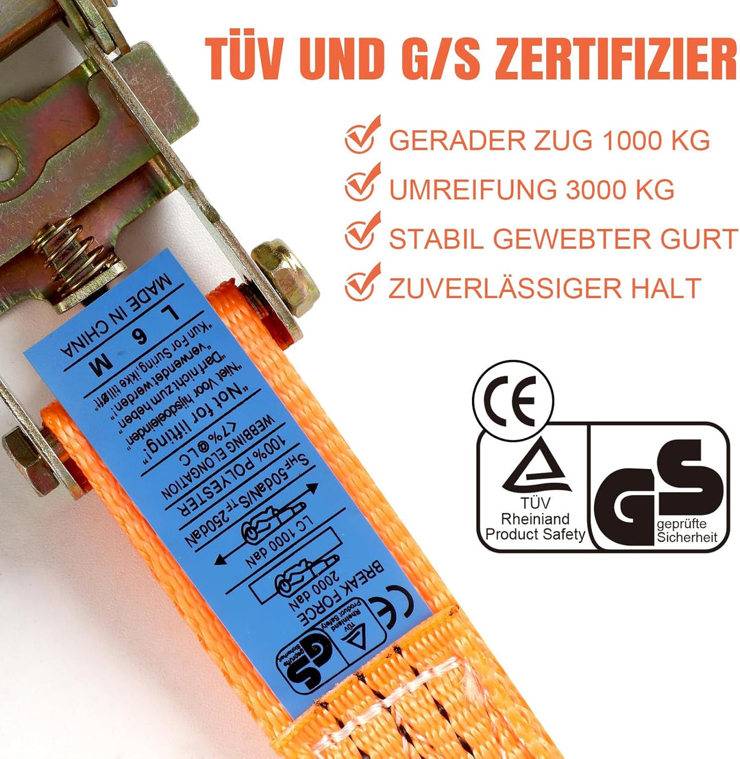 Spanngurt mit Ratsche und J Haken,4er Set Ratschengurt,2-teilig orange 6 m lang, 40 mm breit,Belastb