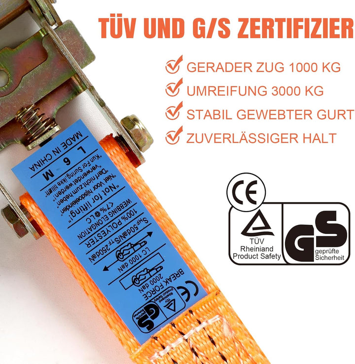 Spanngurt mit Ratsche und J Haken,4er Set Ratschengurt,2-teilig orange 6 m lang, 40 mm breit,Belastb