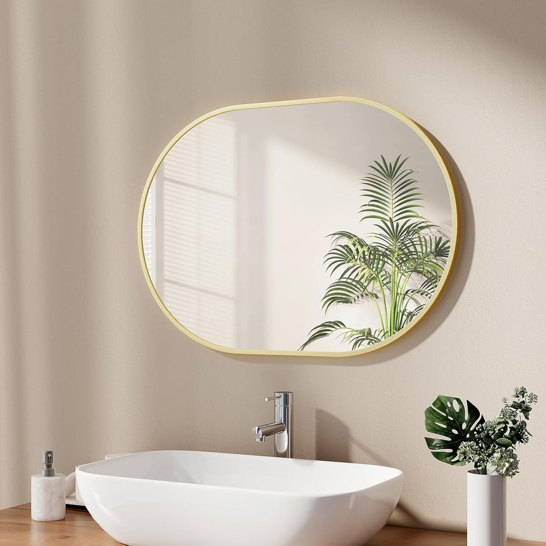 EMKE Badspiegel Oval 50 x 70 cm Spiegel mit Goldener Rahmen Wandspiegel Oval Horizontal/Vertikal Bad