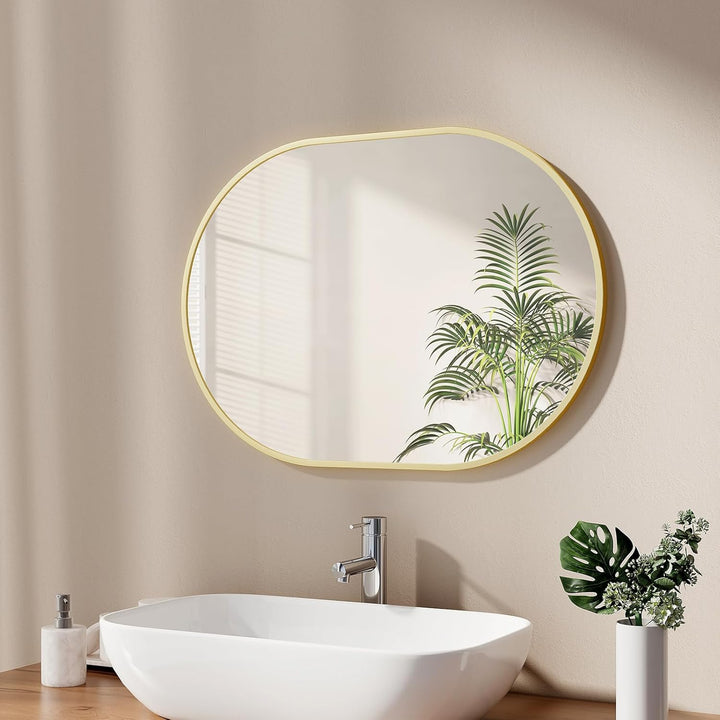 EMKE Badspiegel Oval 50 x 70 cm Spiegel mit Goldener Rahmen Wandspiegel Oval Horizontal/Vertikal Bad