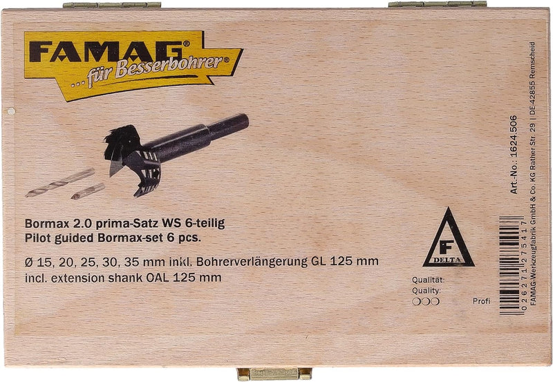 FAMAG Bormax 2.0 prima Staketenbohrersatz 6-teilig WS D=15,20,25,30,35mm im Holzkasten mit Bohrverlä