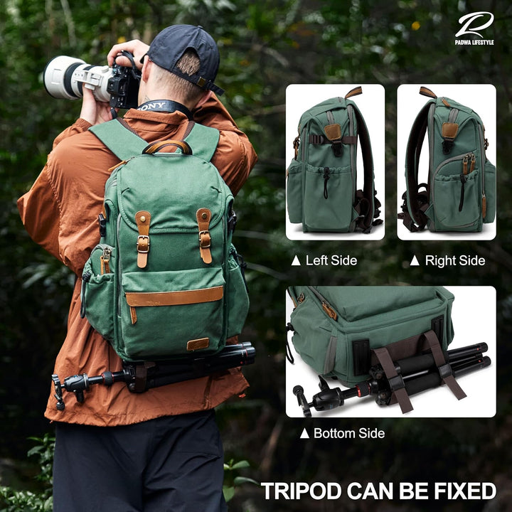 Padwa Lifestyle Kamerarucksack - Gewachstem Memory Canvas Kamerarucksack mit 16“ Laptop-/Objektivfac