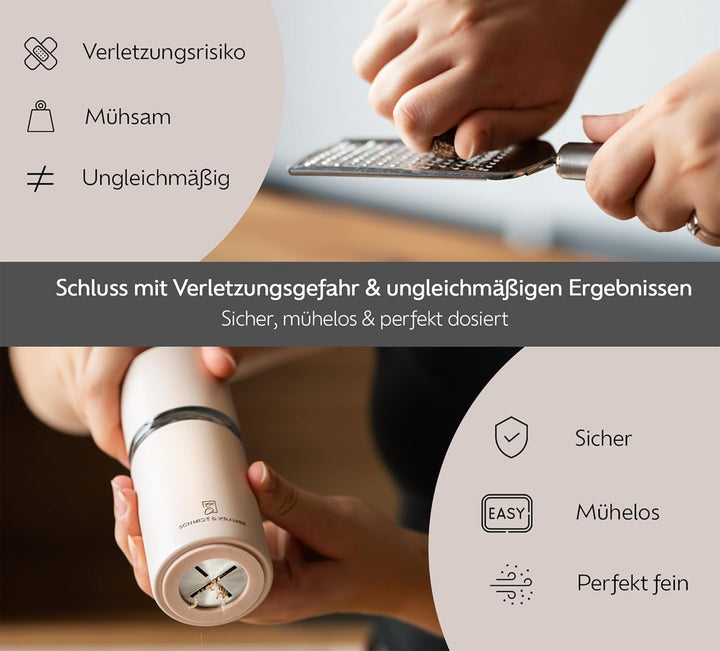 SCHMIDT & KRAMER Muskatnuss Mühle I hochwertige Muskatmühle aus Edelstahl mit Vorratsbehälter, schar