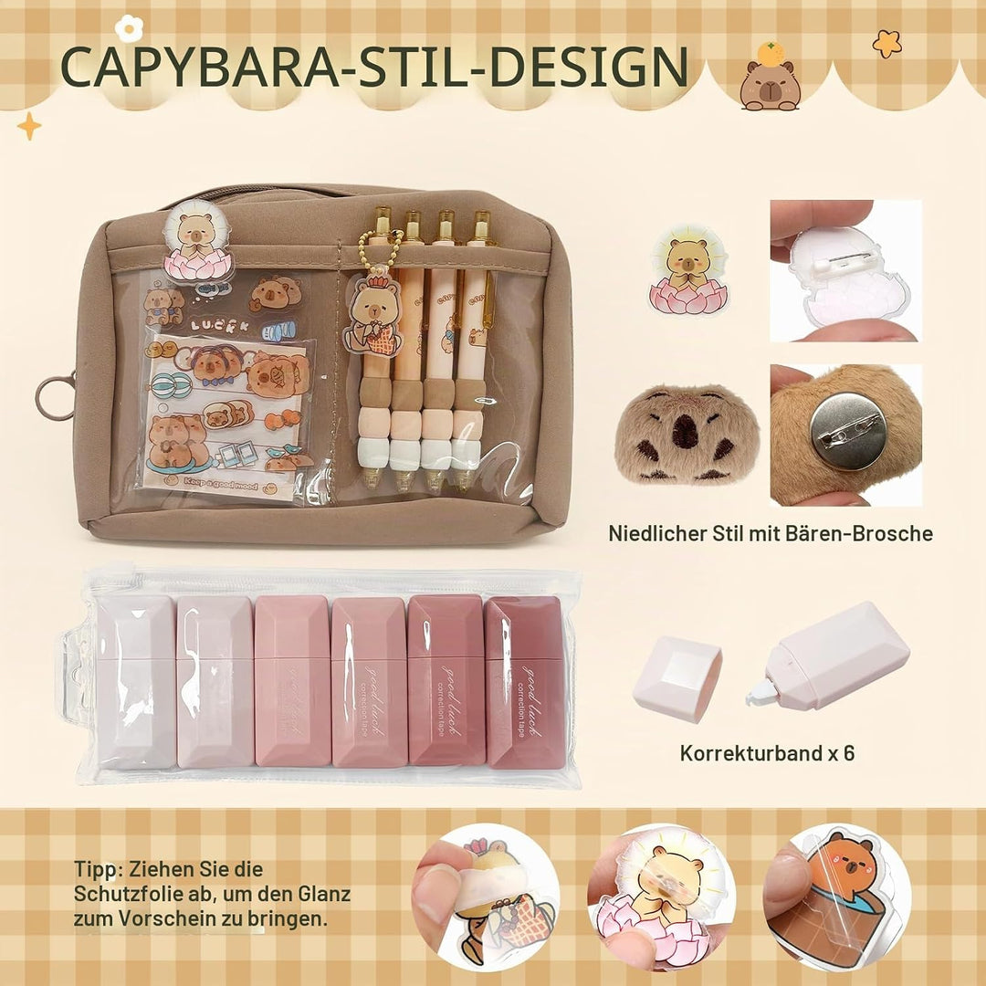 Capybara Schreibwaren Set mit Federmäppchen: Niedliches Geschenkset für Kinder und Schüler - perfekt