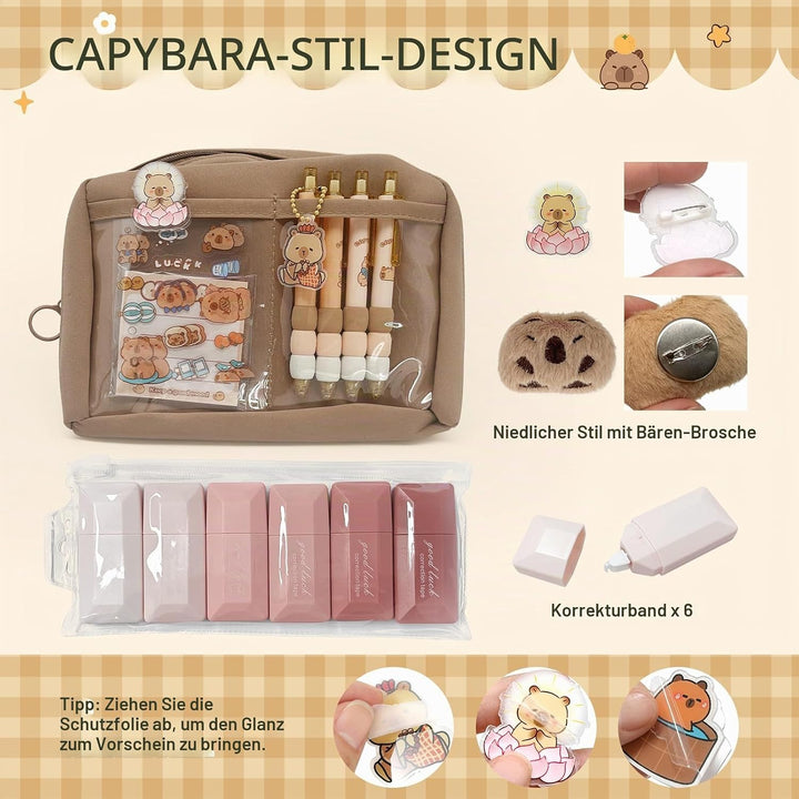 Capybara Schreibwaren Set mit Federmäppchen: Niedliches Geschenkset für Kinder und Schüler - perfekt