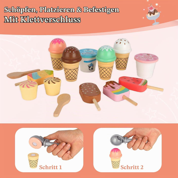 Eisdiele Kinder Holz, Eisladen Kinder Holz mit Eisstand, Langlebiges EIS Spielzeug für Kinder, Kinde