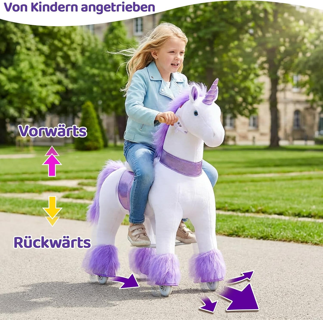 PonyCycle Einhorn mit Rollen, für Erwachsene/Kinder ab 7, 76cm Hoch, Reitpferd mit Rollen mit Handbr