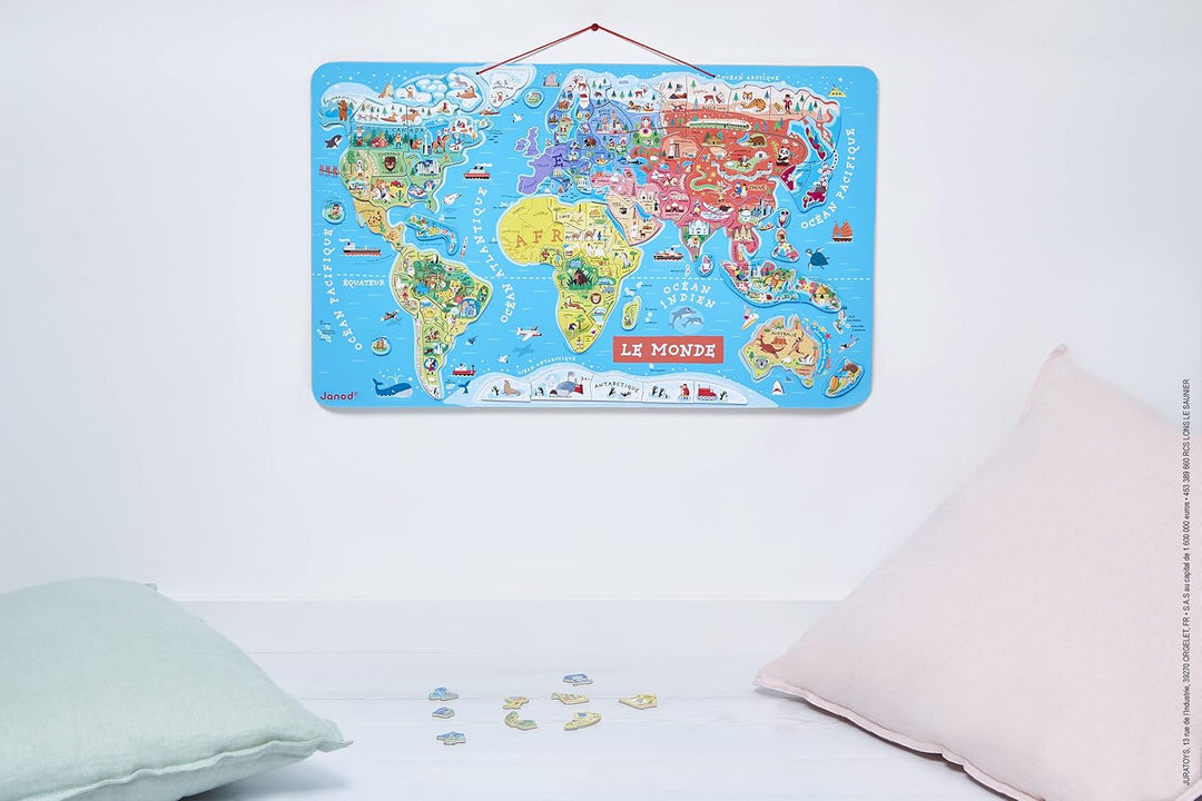 Janod - Magnetisches Weltkarten-Puzzle aus Holz, 92 magnetische Teile, 70 x 43 cm, französische Vers