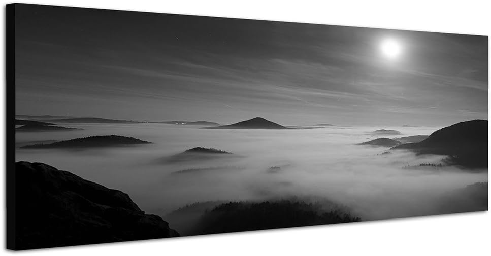 Paul Sinus Art Panoramabild auf Leinwand und Keilrahmen 150x50cm Berge Nebel Nacht Vollmond