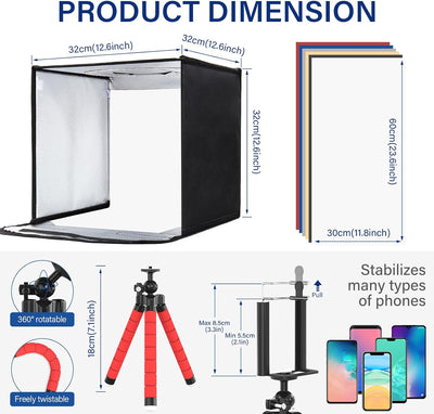 Fotostudio Lichtzelt für Produktfotografie 32x32x32cm, Fotobox zum Fotografieren Professionelles Lic
