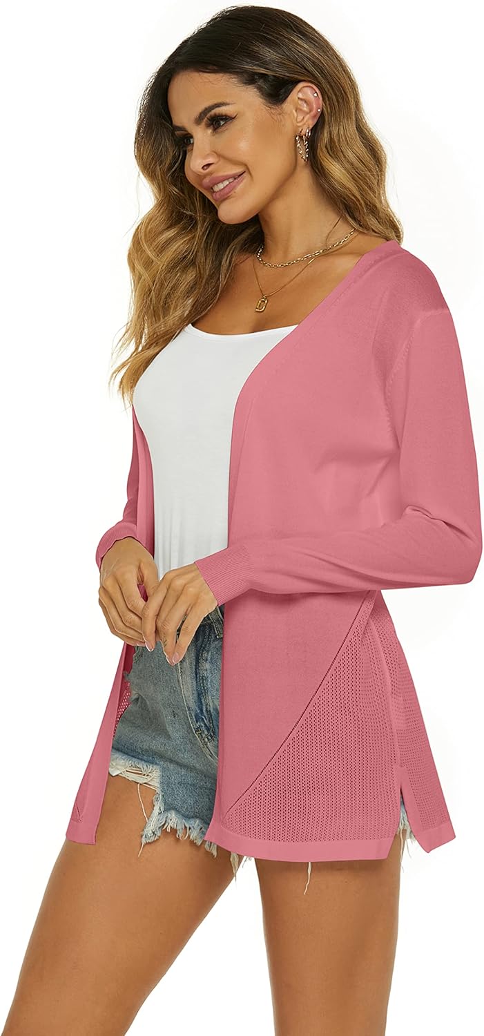 Damen Strickjacke Sommer Cardigan Elegant Lang Jacke Leichte Langarm Offene Strickjacke Sommerjacke