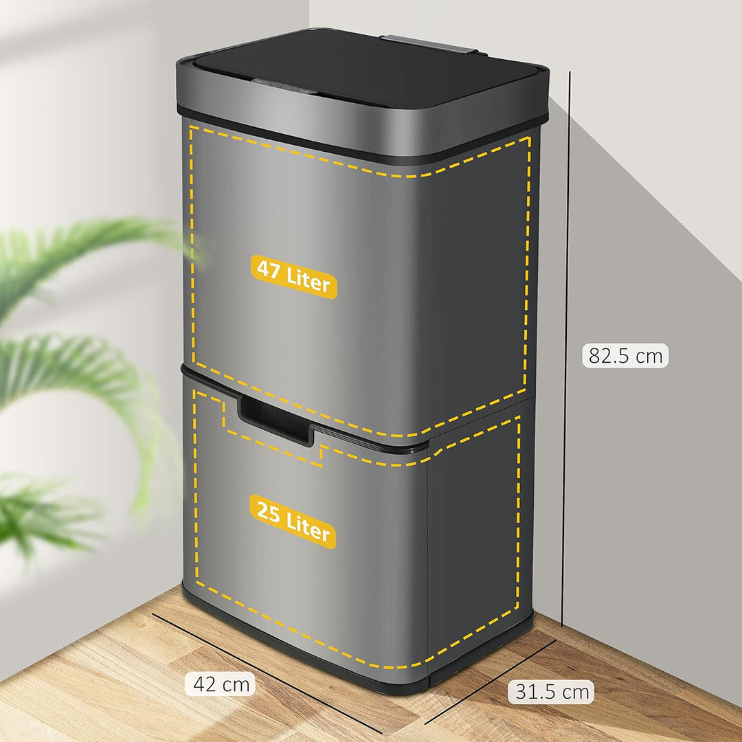 Ribelli Edelstahl - Mülltrennsysteme mit 3+1 Fächer - Mülleimer mit Sensor - 72 Liter (2x12 + 1x48 L