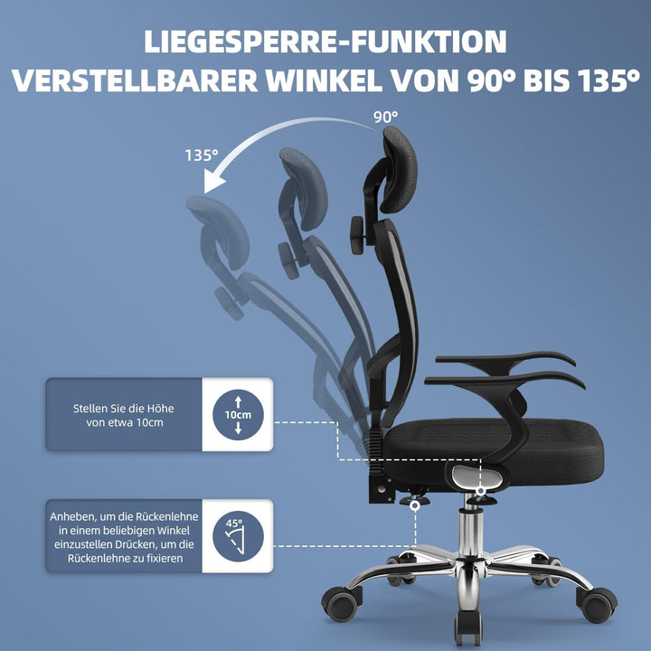Bürostuhl, Schreibtischstuhl Bürostuhl ergonomisch, höhenverstellbare Rückenlehne, Drehstuhl mit Ver