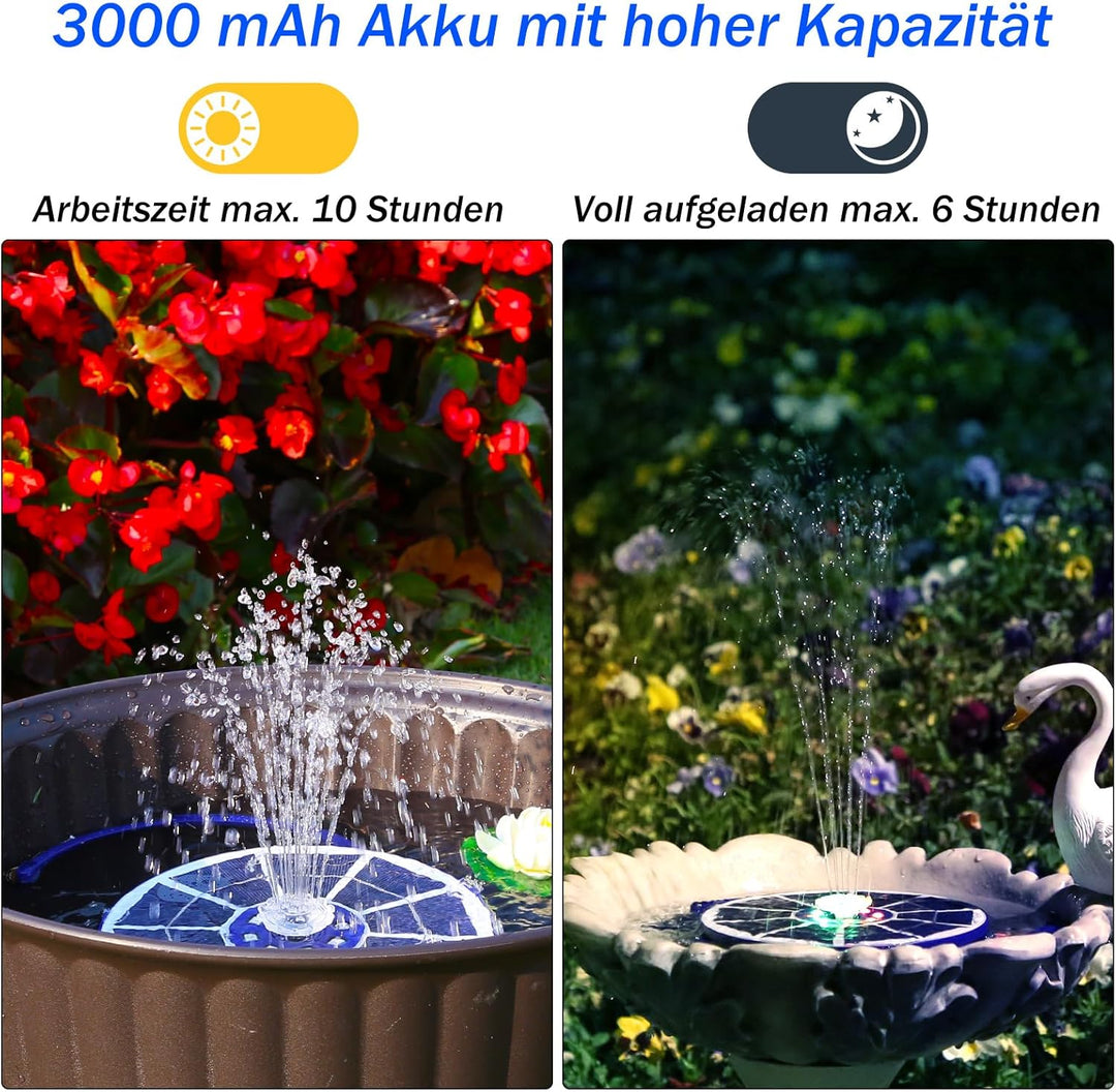 AISITIN LED Solarbrunnen für Draussen Verbessert mit 3000mAh, 3,5W Solar Schwimmender Fontäne Pumpe