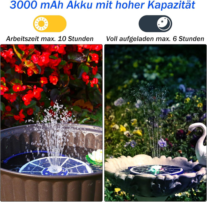 AISITIN LED Solarbrunnen für Draussen Verbessert mit 3000mAh, 3,5W Solar Schwimmender Fontäne Pumpe