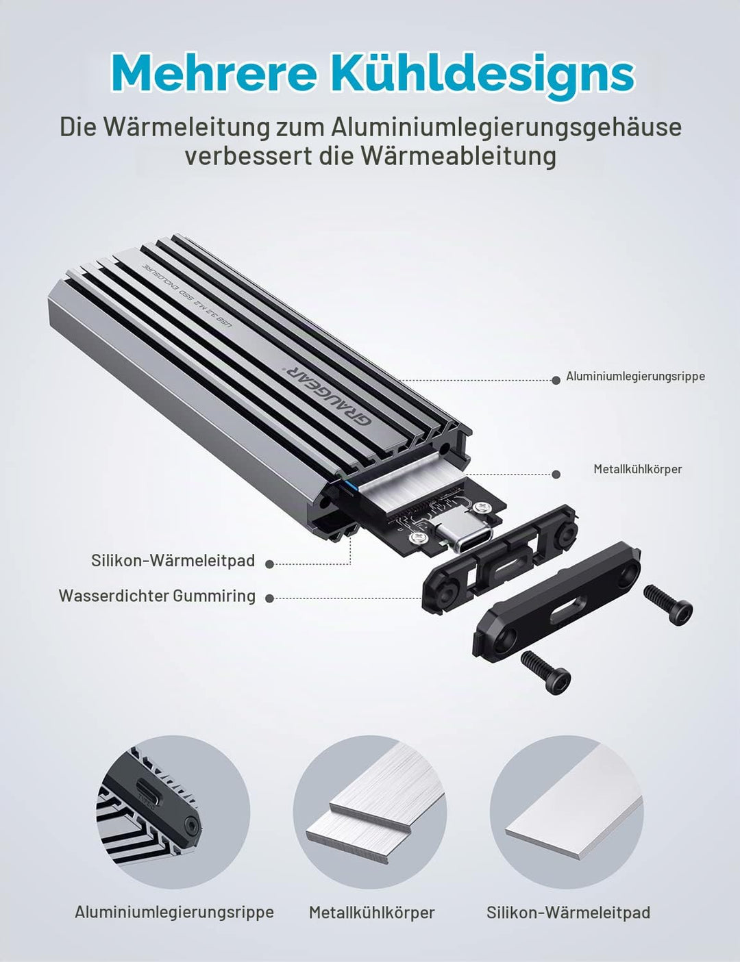 GRAUGEAR | Aluminium-Gehäuse f. M.2 NVMe SSD | USB 3.2 (Gen2, 10 Gbit/s) | Zwei Kabel USB-C &amp; USB-A