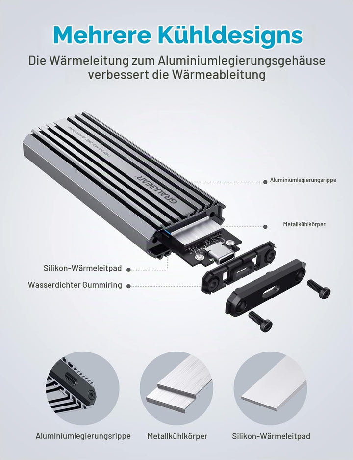GRAUGEAR | Aluminium-Gehäuse f. M.2 NVMe SSD | USB 3.2 (Gen2, 10 Gbit/s) | Zwei Kabel USB-C &amp; USB-A