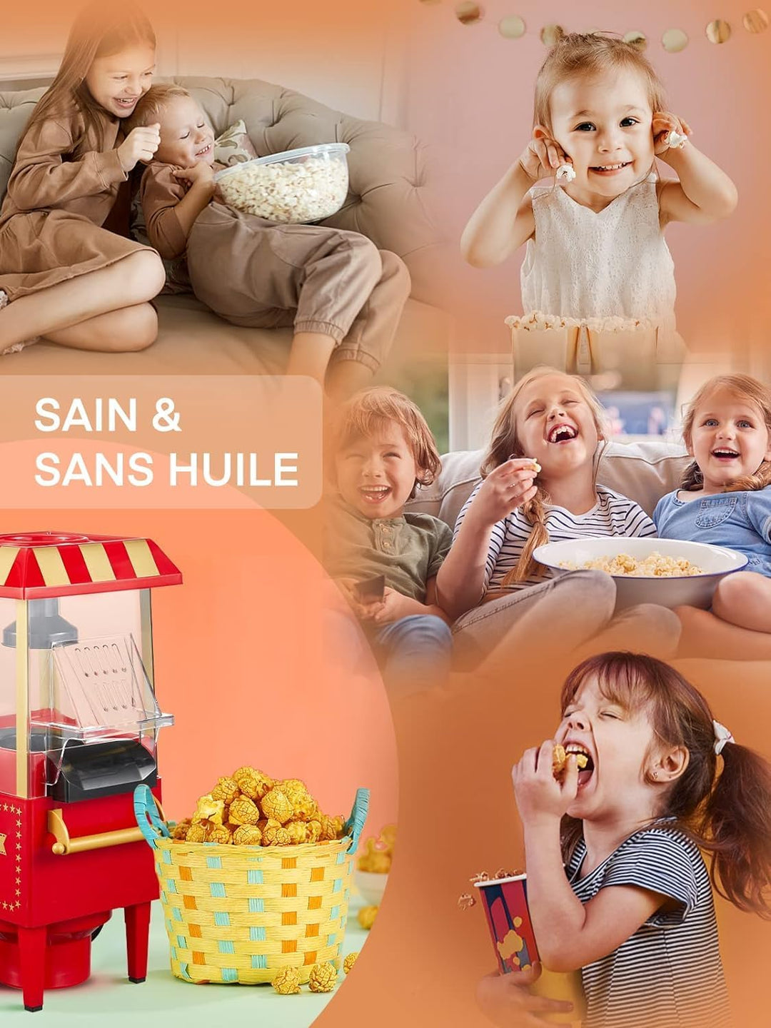 Popcornmaschine mit Heissluft + Dosierer und Behälter – ohne Fett und ohne Öl – Popcorn-Maschine Hau