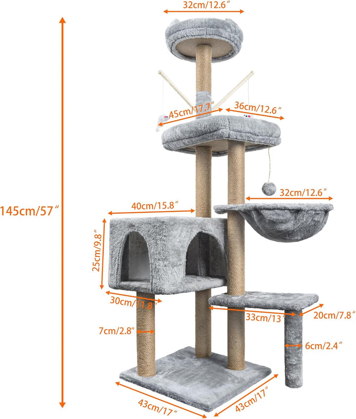 HOMIDEC Katzen Kratzbaum, 145 cm Katzenbaum Kletterturm, Kletterbaum Aktivitätskratzbäum mit Säulen