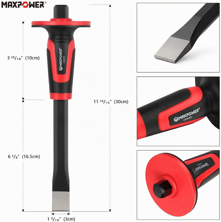 MAXPOWER Handmeissel Set 3 Stück mit Handschutz, Spitzmeissel 30cm, Präzisionsflachmeissel 30 x 3 cm