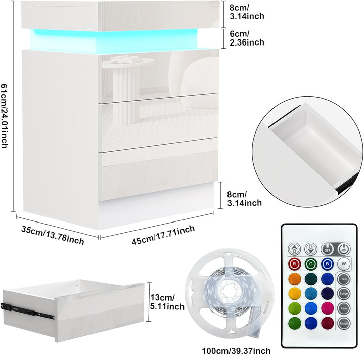 Lvhcmfohm Nachttisch Weiss mit Led, Nachtschrank, Nachtkommode mit 2 Schubladen und Schränke mit Kla