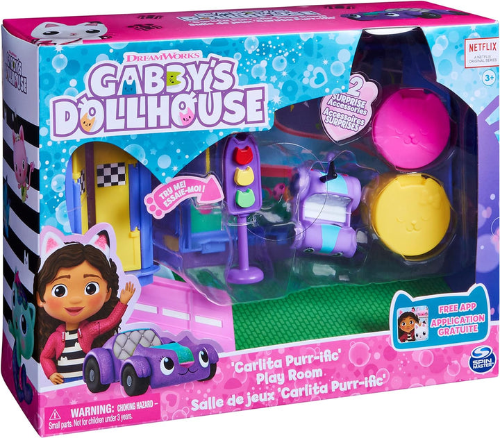 Gabby‘s Dollhouse Deluxe Raum, Purr-ific Play Room, Spielzimmer mit Carlita Spielzeugauto, 2 Möbelst