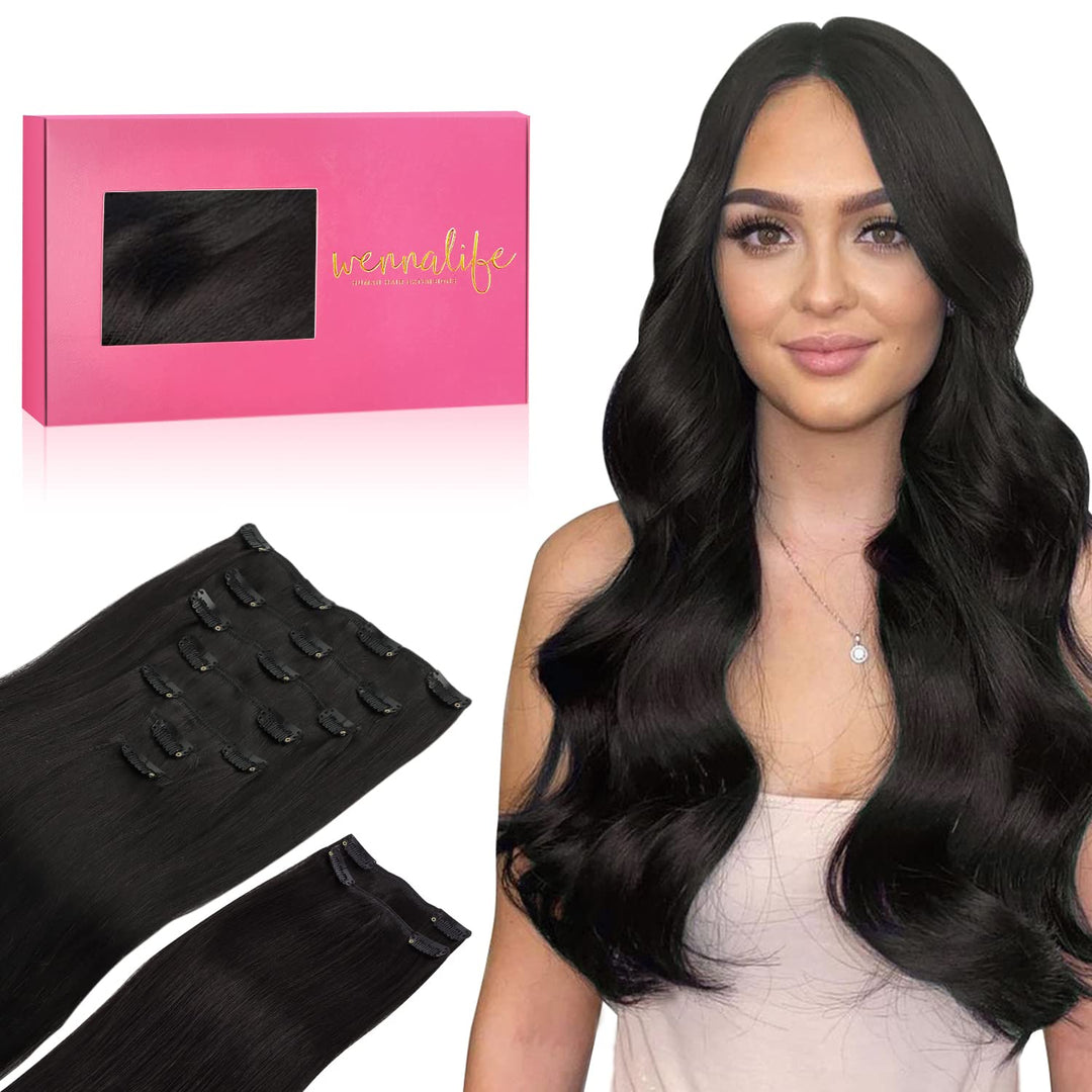 WENNALIFE Clip In Extensions Echthaar, 150g 40cm 9pcs Natürliches Schwarz Clip In Extensions Hair Ex
