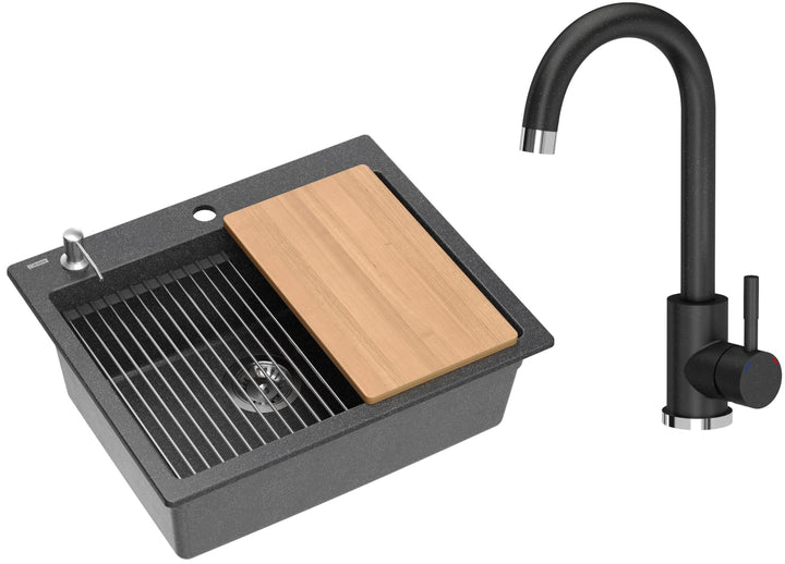VBChome Set Spülbecken mit Armatur 60 x 50 cm Schwarz Spülmittelspender Siphon Matte Planke Granit S