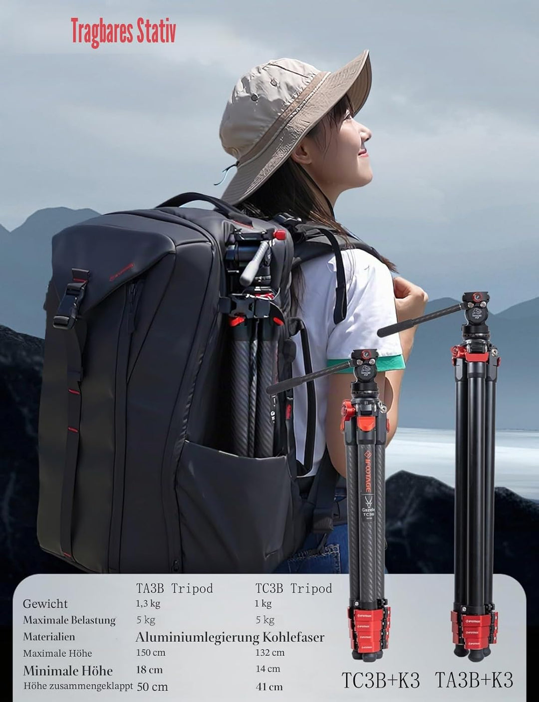 IFOOTAGE Gazelle TA3B+Komodo K3,Tragbares Aluminium Videostativ mit Panorama Video fluidkopf,Videoka