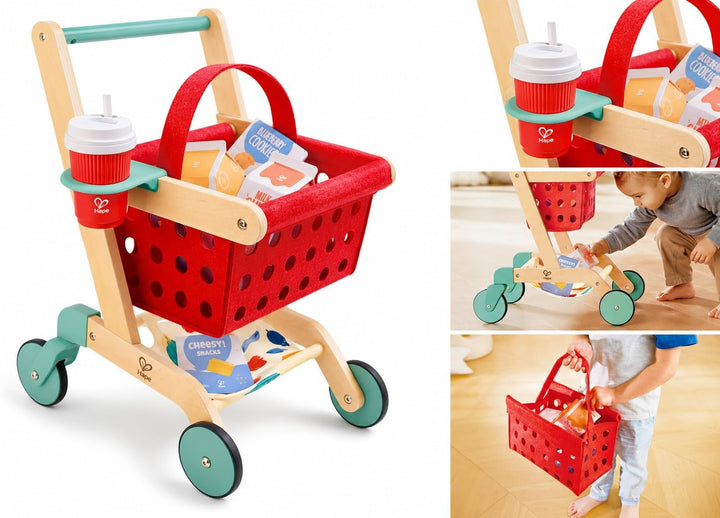 Hape Little Shopper Einkaufswagen aus Holz – Kinder Einkaufswagen mit Korb &amp; Zubehör – Kaufladen Zub