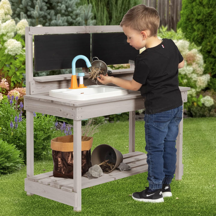 ONVAYA® Matschküche aus Holz | Grau | Outdoor Spielküche mit Waschbecken und schwarzer Tafel | Inklu