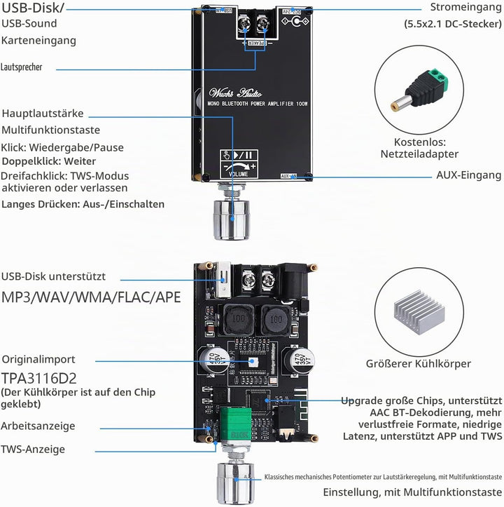 HiFi-Verstärker mit Bluetooth 5.1, ZK-1001B Audioverstärker Karte 100W Mini TWS Mono Audio-Verstärke