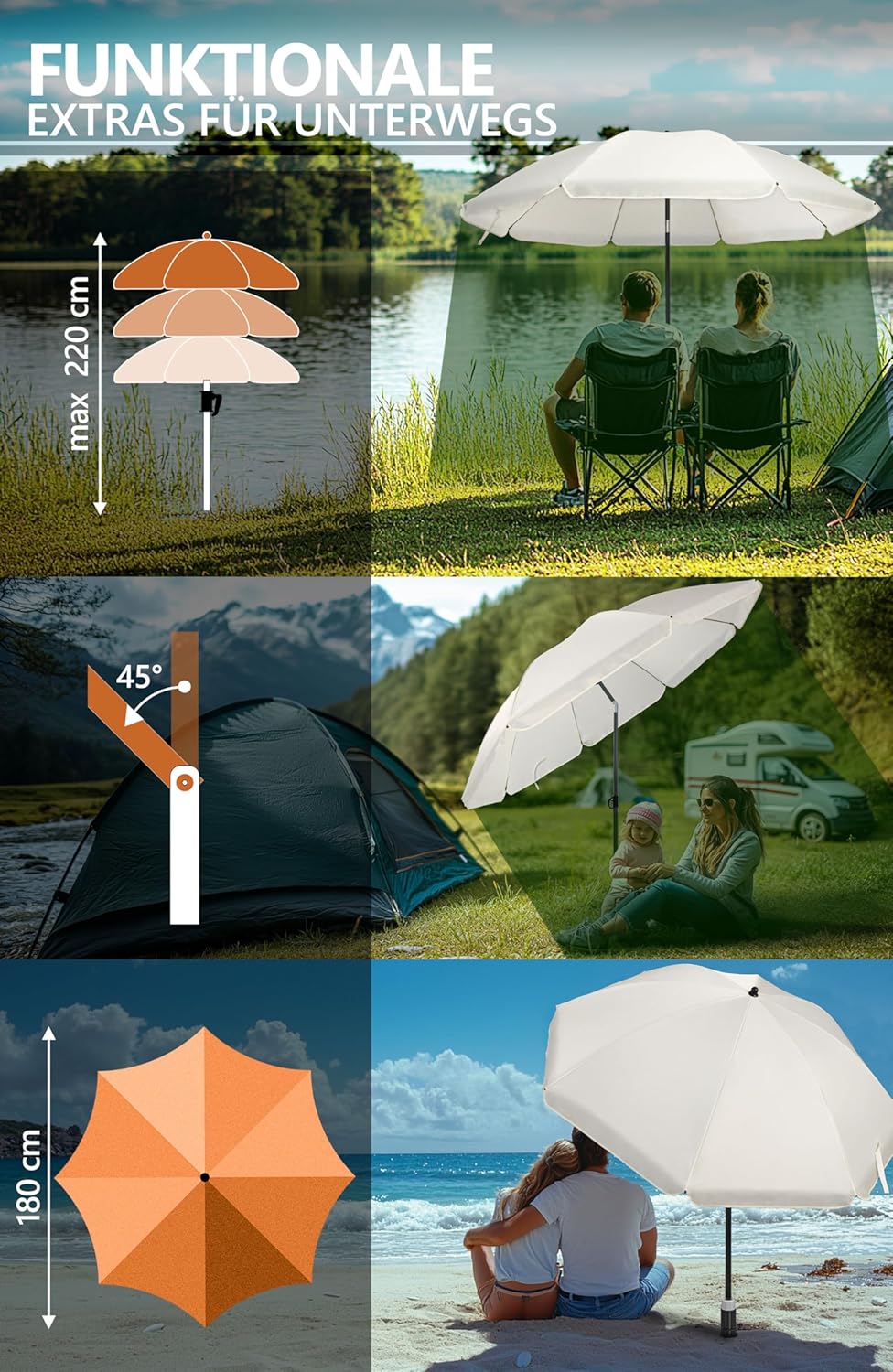 4smile Sonnenschirm Strand SunnyJoy, 3-IN-1 Set - UPF 50+ Strandschirm 160 cm + Sonnenschirm Schutzh