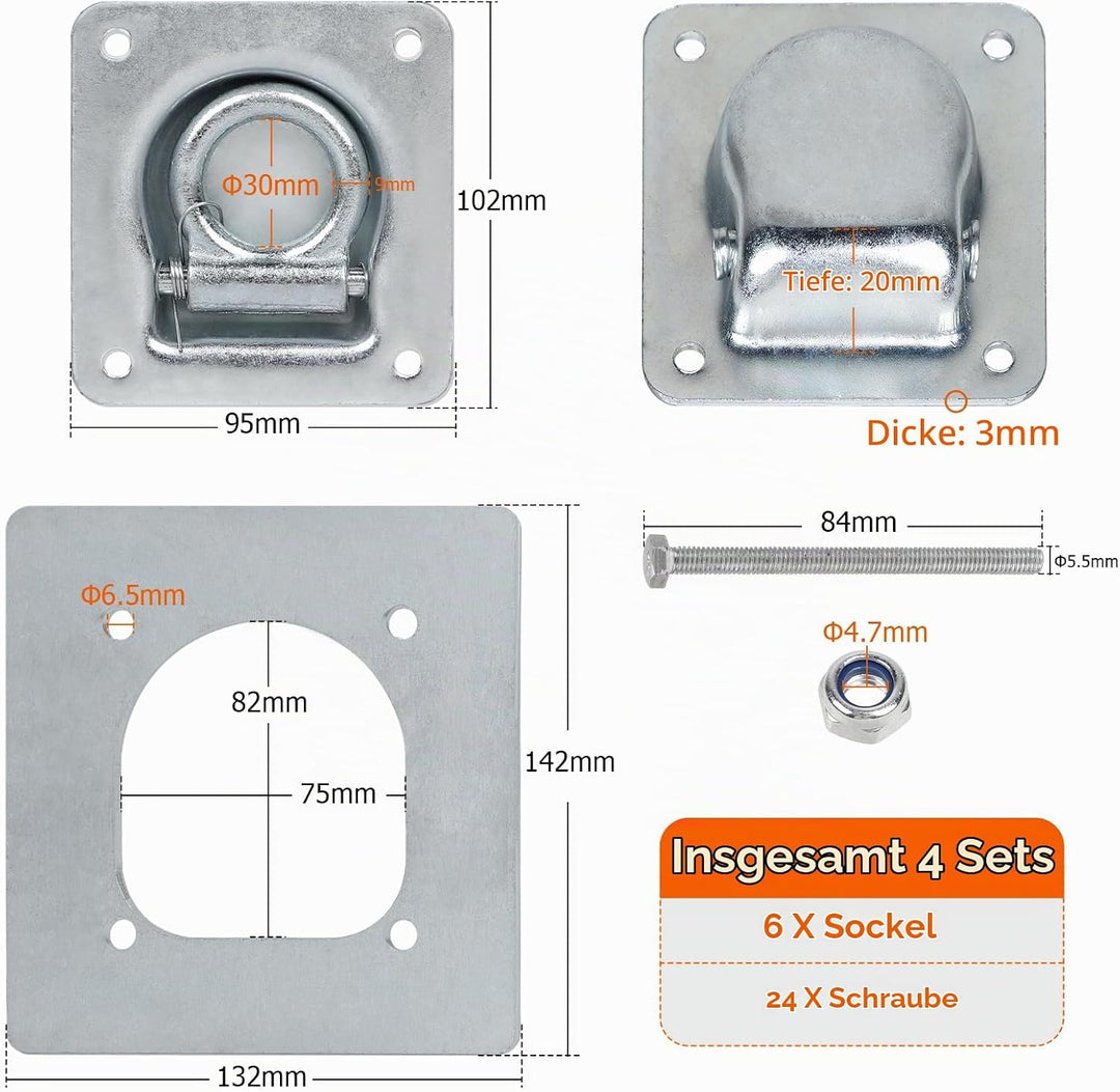 6pcs Zurrösen für Anhänger mit Gegenplatte &amp; Schrauben, Zurrmulden Anhänger Ösen Verzinkte Verzurrös
