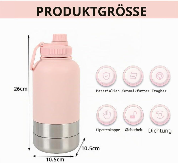 Pets Hundetrinkflasche für Unterwegs, 950ml Isolierte Edelstahl Trinkflasche Hunde mit Futterbehälte