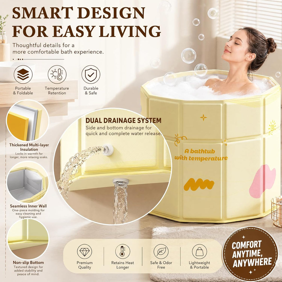 CEWROM Faltbare Mobile Badewanne Gelb 70cm, Zusammenklappbare Badewanne für Dusche/SPA Outdoor, Trag