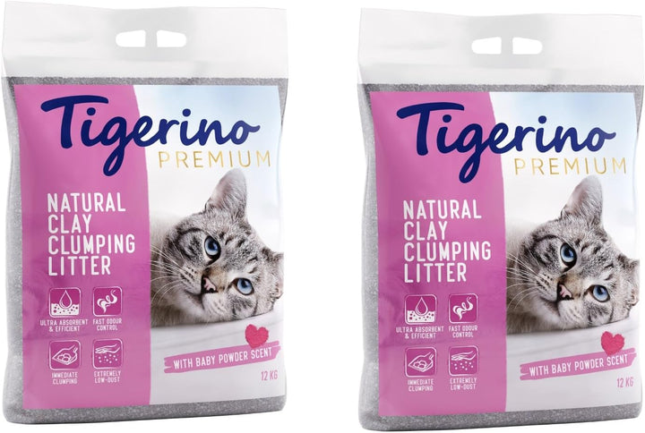 Tigerino Premium Katzenstreu – Babypuderduft | 2x12 KG | Doppelpack |