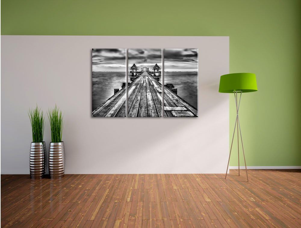 Pixxprint Monocrome, Bootssteg im Sonnenuntergang 3-Teiler Leinwandbild 120x80 Bild auf Leinwand