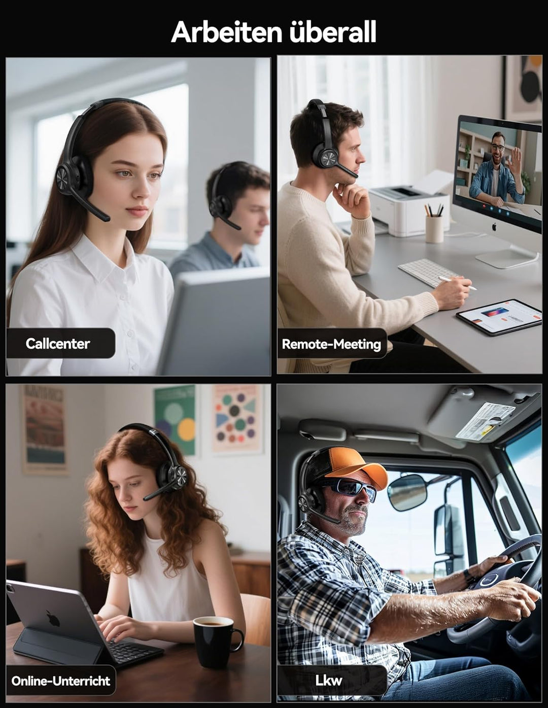 TECKNET Bluetooth Headset mit Mikrofon, Kabelloses Headset mit BT5.2 Technologie, Kopfhörer Kabellos