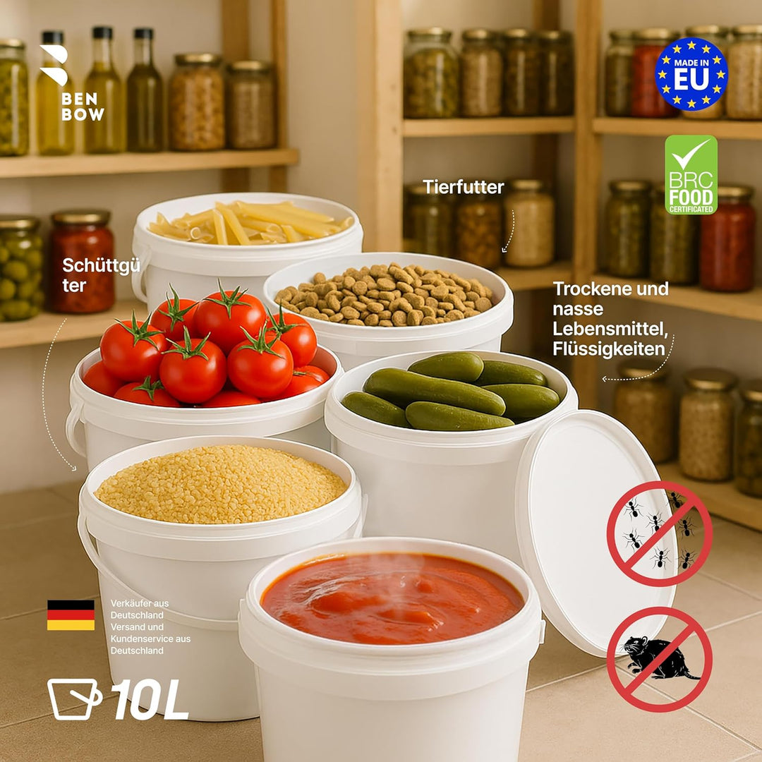 BenBow Eimer mit Deckel 10l Weiss 100x 10 Liter - lebensmittelecht, stabil, luftdicht, auslaufsicher