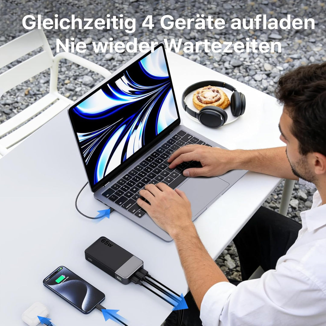 NOBIS 65W Power Bank 20000mAh, Power Bank USB C*2 (In/Out) & USB-A*2,Powerbank Schnellladefunktion P