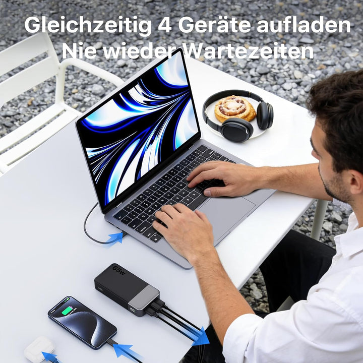 NOBIS 65W Power Bank 20000mAh, Power Bank USB C*2 (In/Out) & USB-A*2,Powerbank Schnellladefunktion P