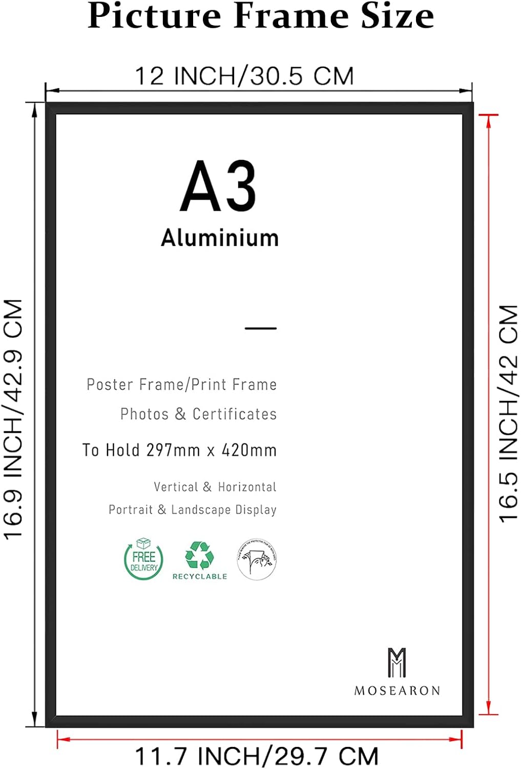 A3-Zertifikat-Bilderrahmen,2er-Pack schwarzer Fotorahmen mit Plexi-glass für Wandmontage-Display,29,