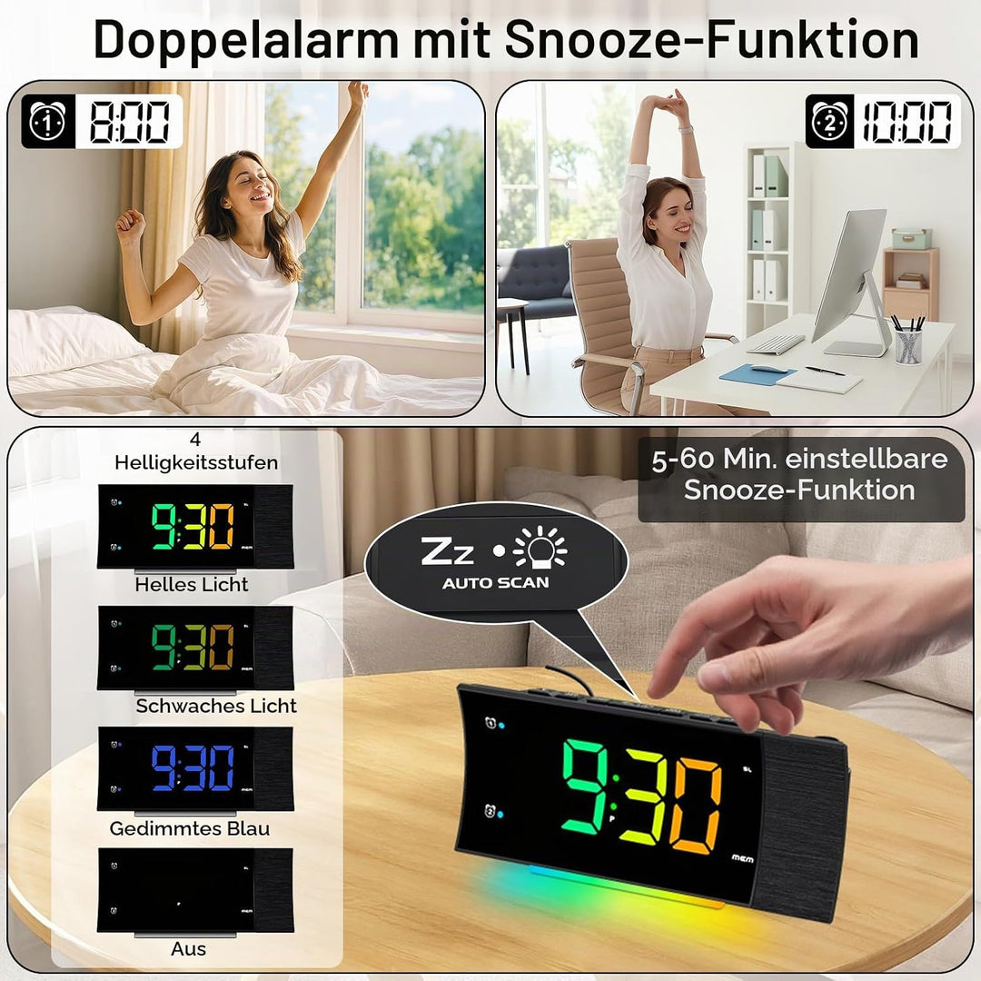 Radiowecker mit Projektion, Projektionswecker Digitaler Wecker, 180°Projektor, Grosser LED-Anzeige,