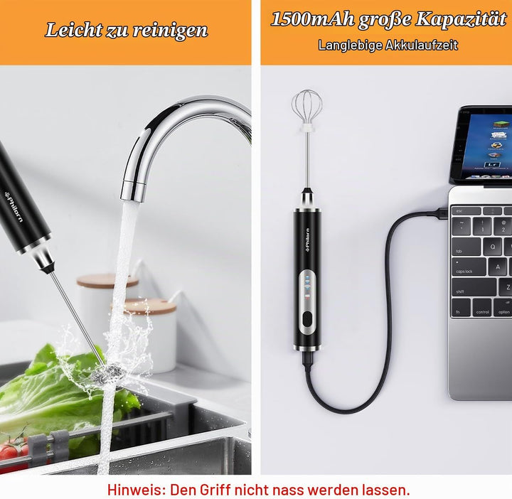 Philorn Milchaufschäumer Stab, Milchaufschäumer Elektrisch Stab Hand Held, 3-Gang USB-C Aufladbar Au